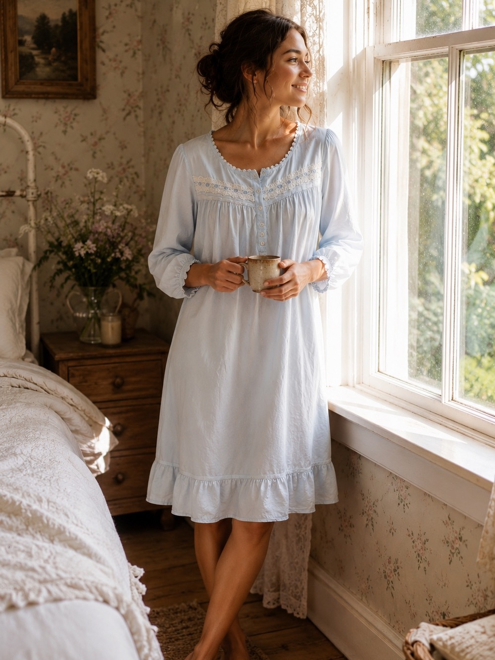 Eileen West Nightgown Blue Cottagecore Lace Trim Prairie Sleep Dress M